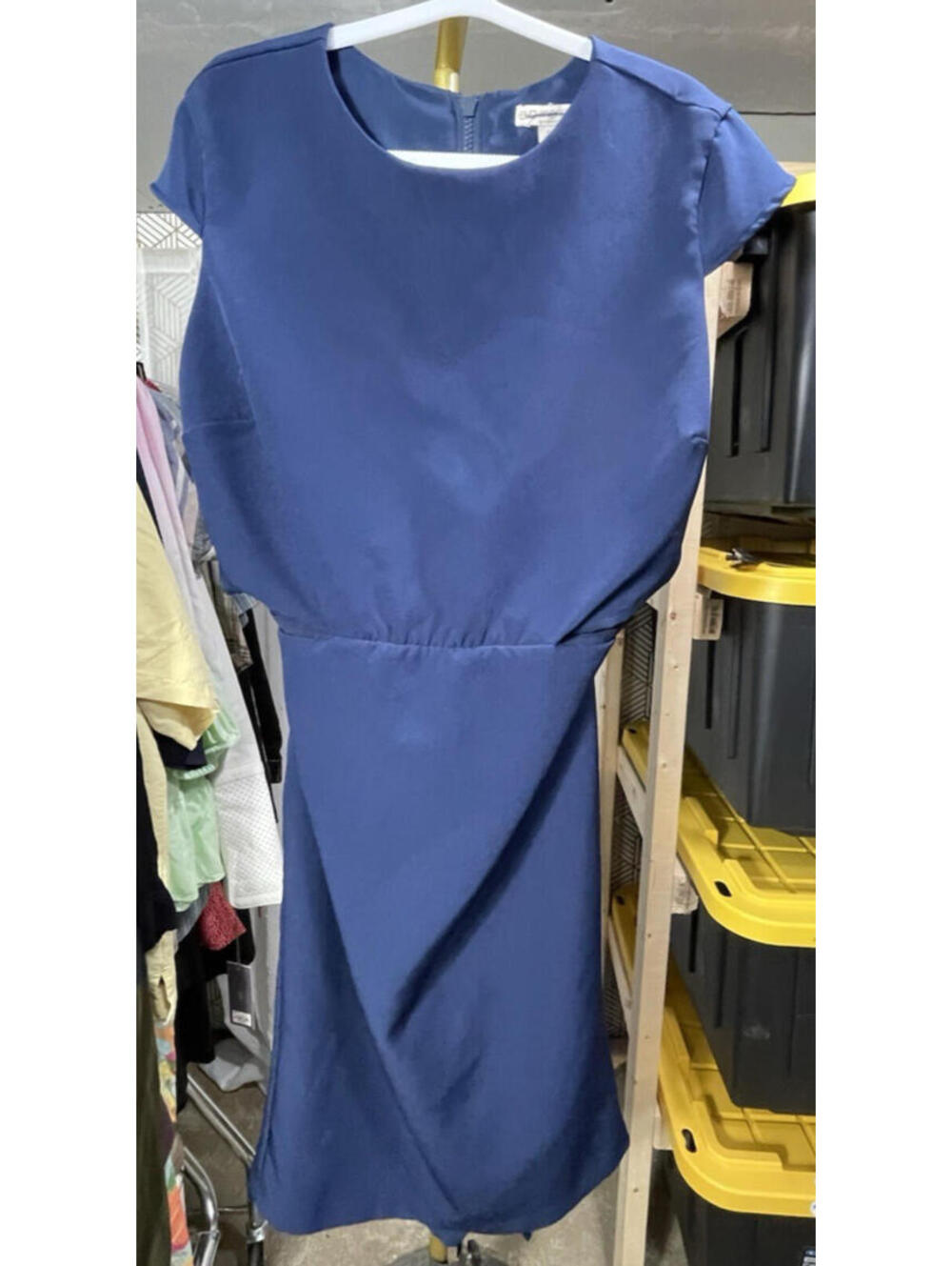 Eva Mendes Navy Blue Midi Dress Sz 12 Cap Sleeve Open Back Lined Career Cocktail